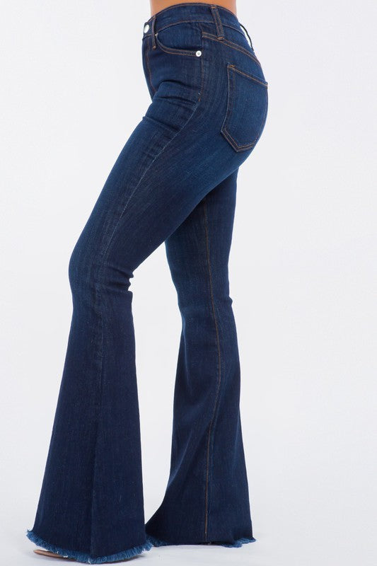 Retro Flair High Rise Bell Bottom Jean With Frayed Hem in Dark Blue - cropped, denim - detail view