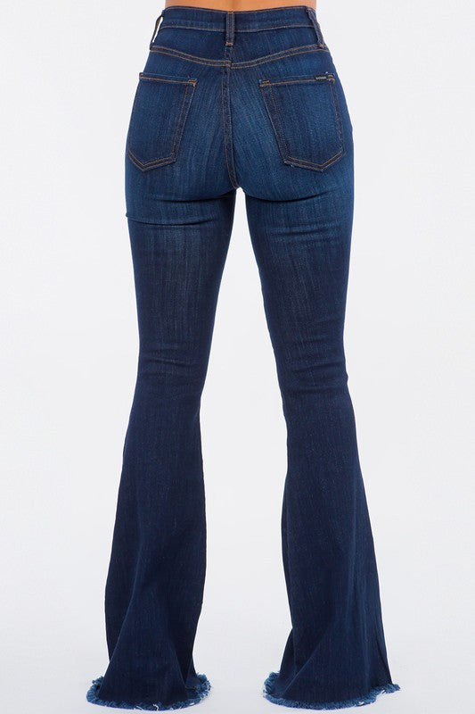 Retro Flair High Rise Bell Bottom Jean With Frayed Hem in Dark Blue - cropped, denim - view 4