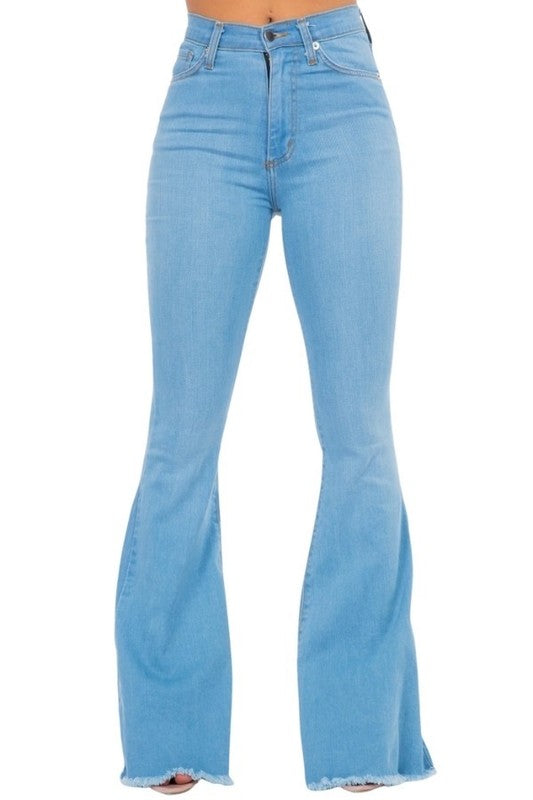 Retro Revival Bell Bottom Jeans with Frayed Hem - USA Made in light wash - denim, pockets - front view