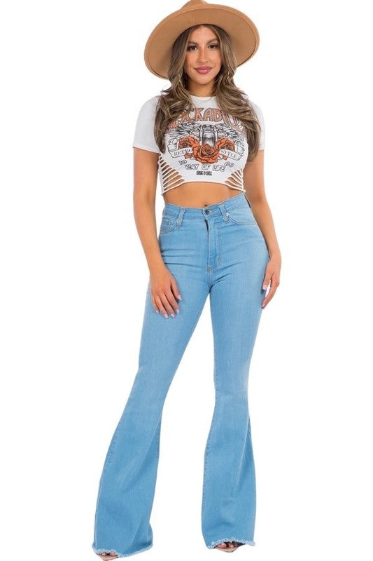 Retro Revival Bell Bottom Jeans with Frayed Hem - USA Made in light wash - denim, pockets - alternate view