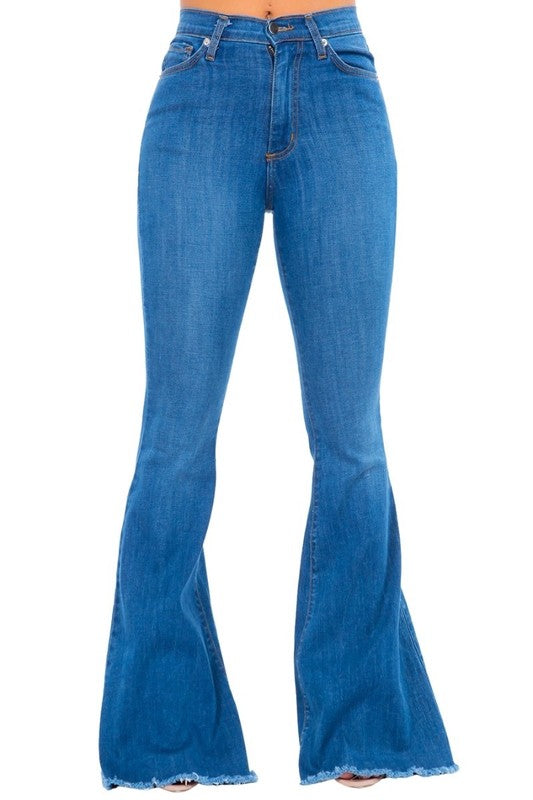 Retro Revival High-Rise Bell Bottom Jeans - USA Made in medium wash - maxi, lace - front view