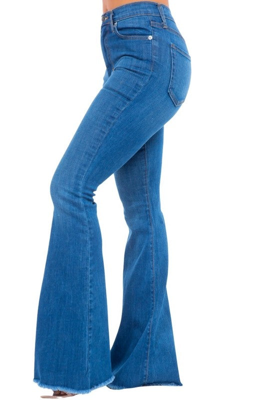 Retro Revival High-Rise Bell Bottom Jeans - USA Made in medium wash - maxi, lace - detail view