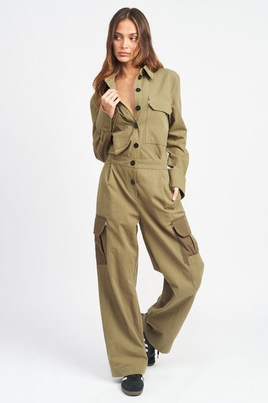 Riviera Button Down Cargo Jumpsuit in OLIVE - button front, turtleneck - front view