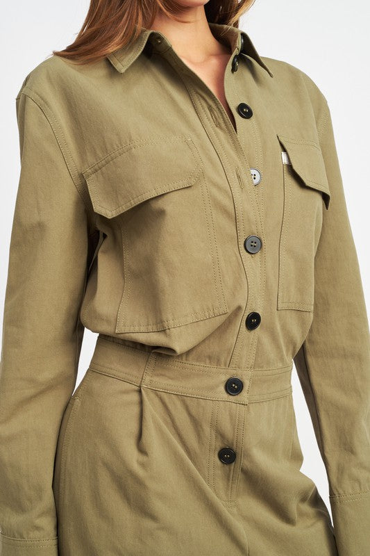 Riviera Button Down Cargo Jumpsuit in OLIVE - button front, turtleneck - alternate view