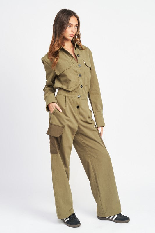 Riviera Button Down Cargo Jumpsuit in OLIVE - button front, turtleneck - view 4