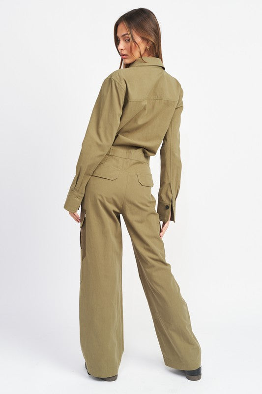 Riviera Button Down Cargo Jumpsuit in OLIVE - button front, turtleneck - view 5