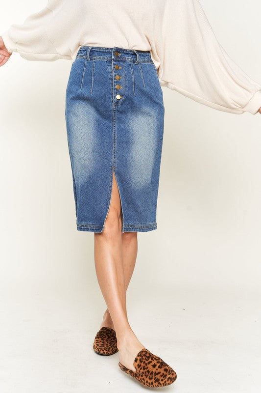 Riviera Button-Front Midi Denim Skirt in DENIM - button front, oversized - front view
