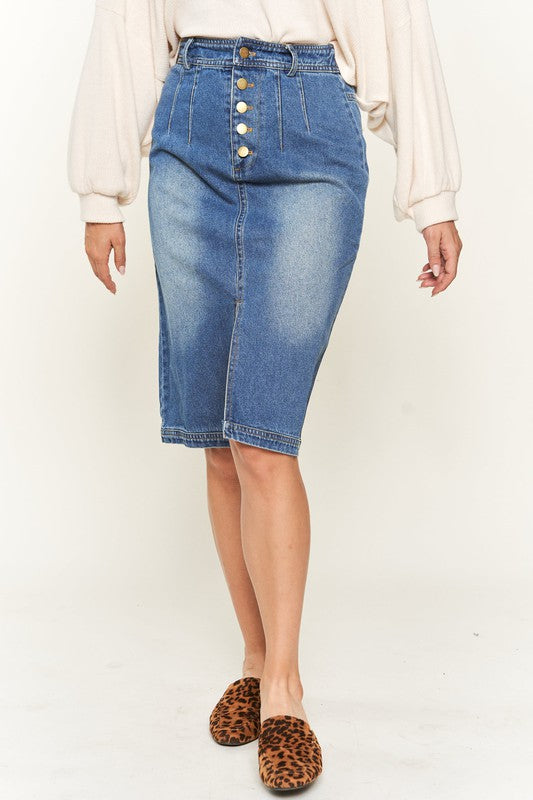 Riviera Button-Front Midi Denim Skirt in DENIM - button front, oversized - alternate view