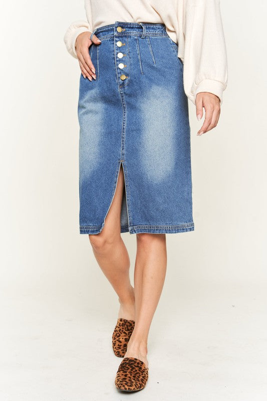 Riviera Button-Front Midi Denim Skirt in DENIM - button front, oversized - detail view