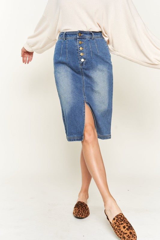 Riviera Button-Front Midi Denim Skirt in DENIM - button front, oversized - view 4