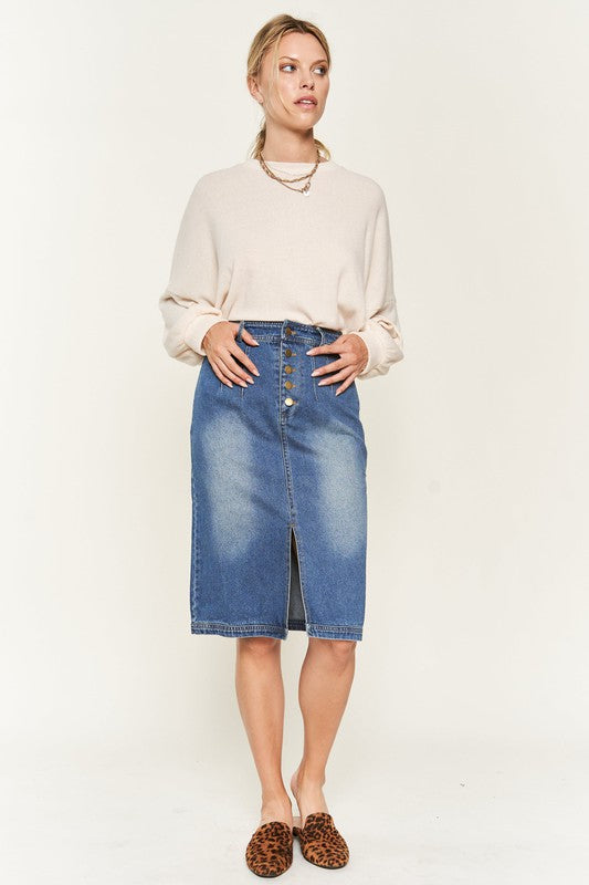 Riviera Button-Front Midi Denim Skirt in DENIM - button front, oversized - view 9