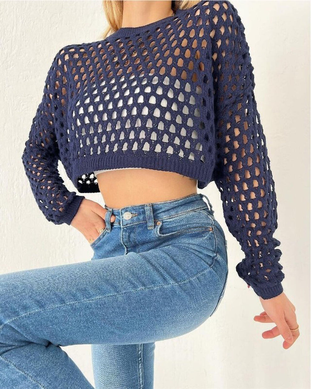 Riviera Crochet Cropped Sweater Top in Navy - crew neck, cropped - alternate view