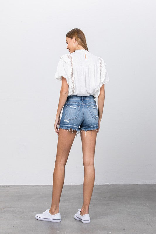 Riviera Distressed Mid-Rise Frayed Hem Denim Shorts in MEDIUM - denim, pocket - view 6