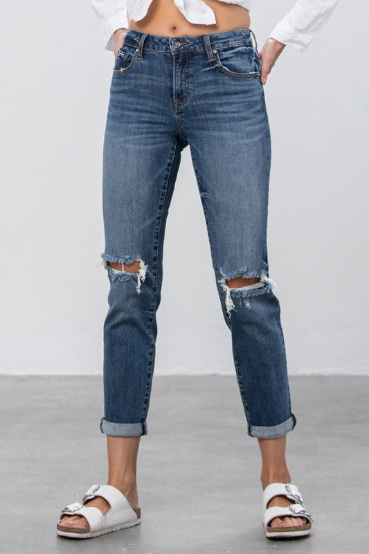 Riviera Distressed Mid-Rise Slim Boyfriend Jeans in DARK - slim fit, denim - view 12
