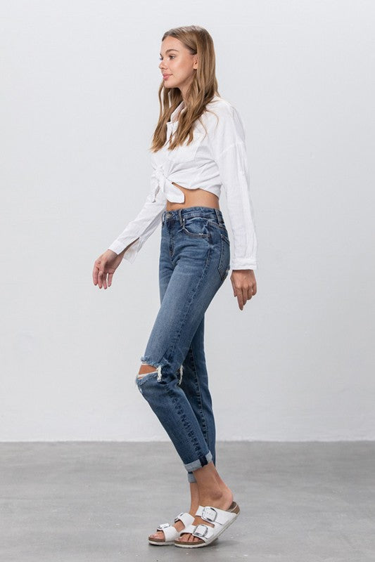 Riviera Distressed Mid-Rise Slim Boyfriend Jeans in DARK - slim fit, denim - alternate view