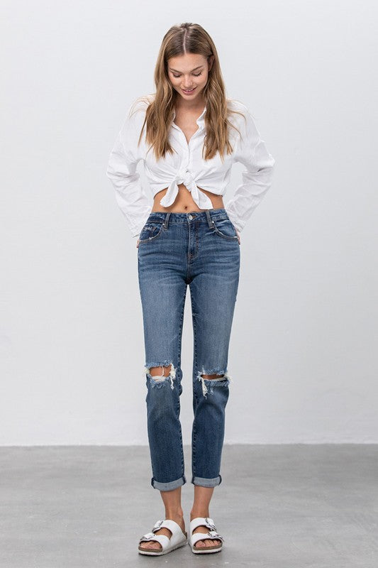Riviera Distressed Mid-Rise Slim Boyfriend Jeans in DARK - slim fit, denim - detail view