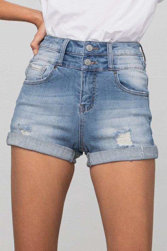 Riviera Double Waistband Distressed Denim Shorts in MEDIUM - oversized, denim - front view