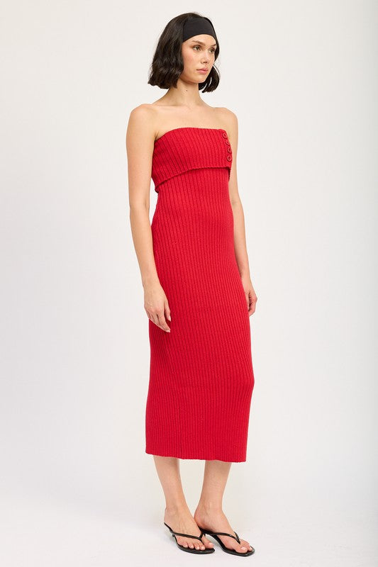 Riviera Fold Over Ribbed Tube Midi Dress in RED - cropped, midi - view 15
