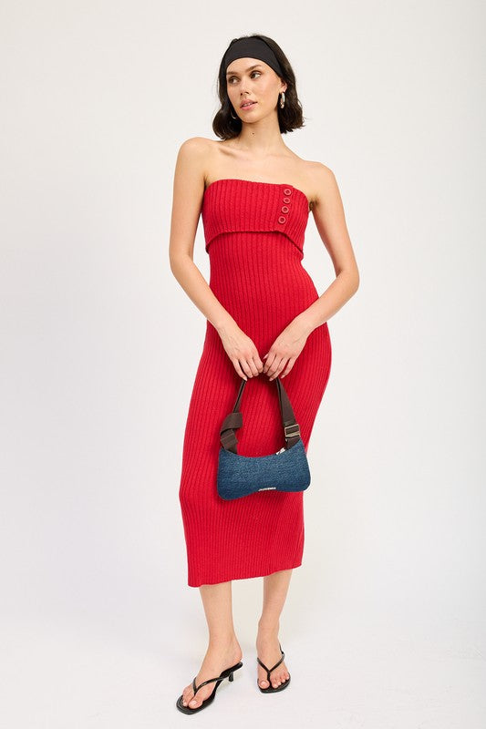 Riviera Fold Over Ribbed Tube Midi Dress in RED - cropped, midi - view 18