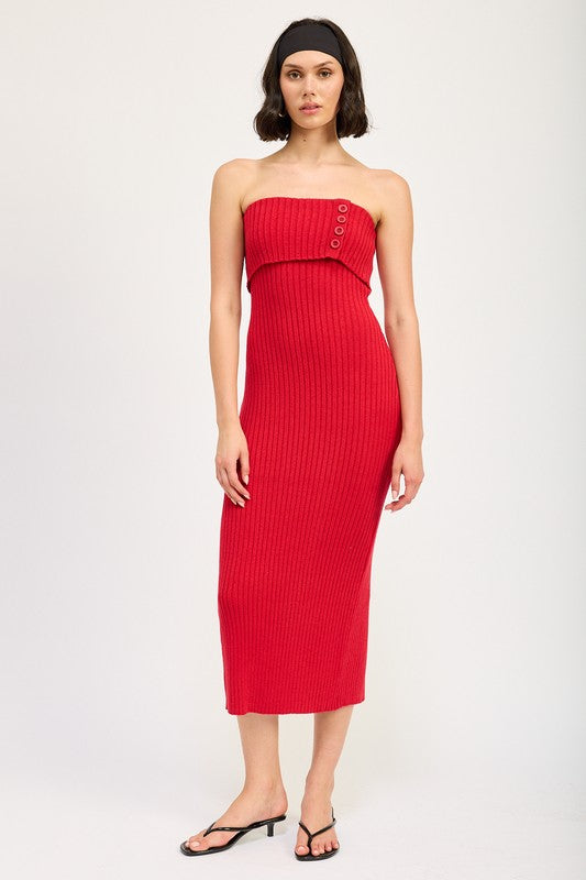 Riviera Fold Over Ribbed Tube Midi Dress in RED - cropped, midi - view 25