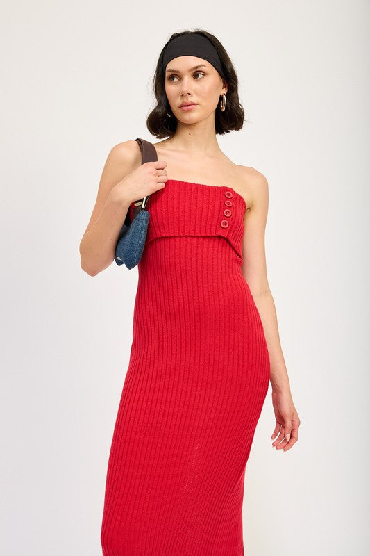 Riviera Fold Over Ribbed Tube Midi Dress in RED - cropped, midi - view 30