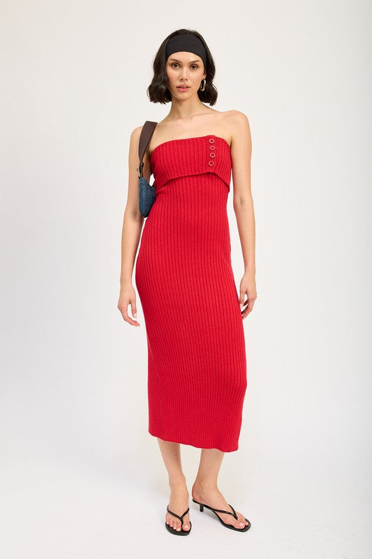Riviera Fold Over Ribbed Tube Midi Dress in RED - cropped, midi - view 40