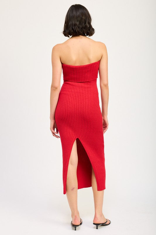 Riviera Fold Over Ribbed Tube Midi Dress in RED - cropped, midi - view 8