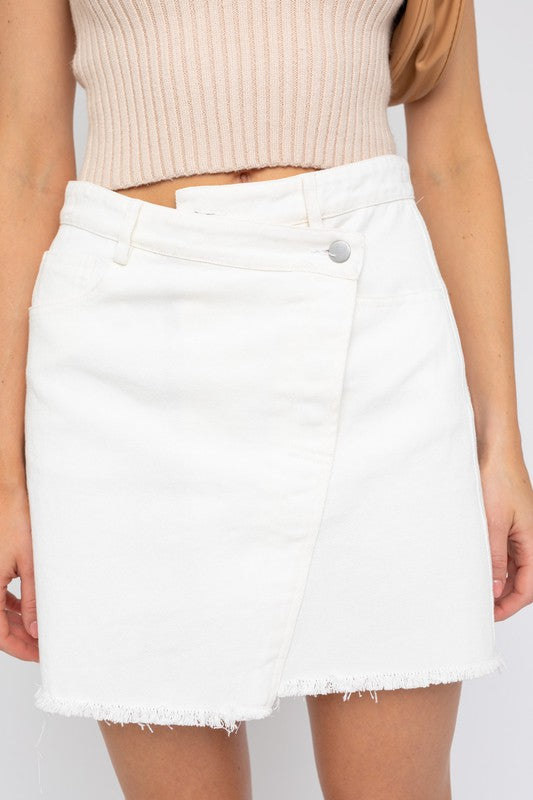 Riviera Fringe Hem Denim Mini Skirt in White - oversized, cropped - view 5