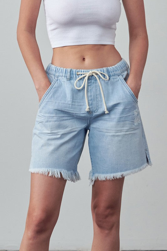 Riviera High Rise Cotton Drawstring Denim Shorts in LIGHT - denim, pockets - front view