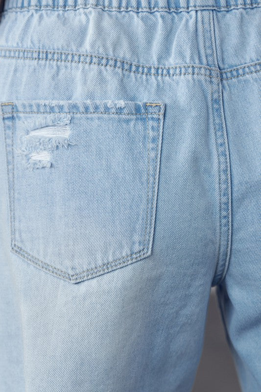 Riviera High Rise Cotton Drawstring Denim Shorts in LIGHT - denim, pockets - view 10