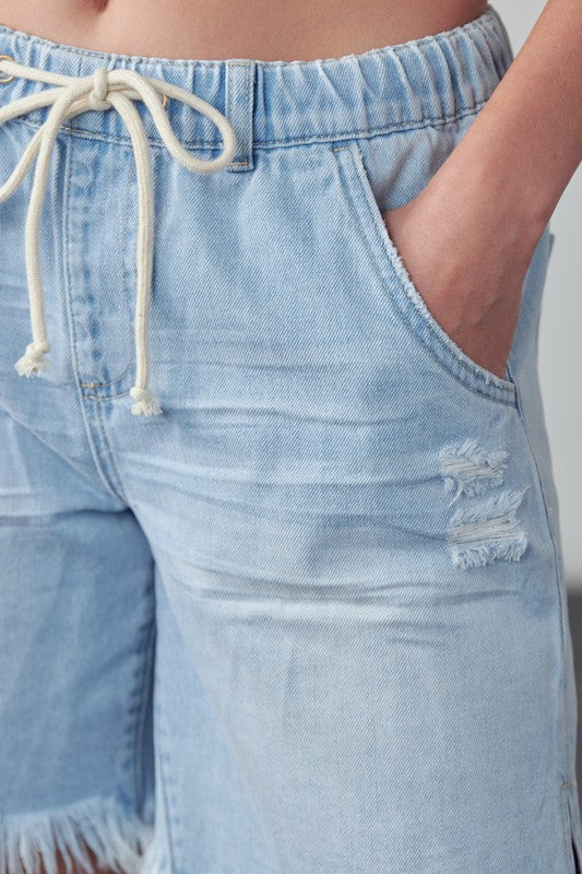 Riviera High Rise Cotton Drawstring Denim Shorts in LIGHT - denim, pockets - view 11