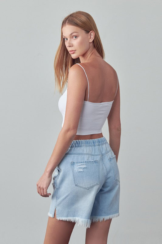 Riviera High Rise Cotton Drawstring Denim Shorts in LIGHT - denim, pockets - view 6