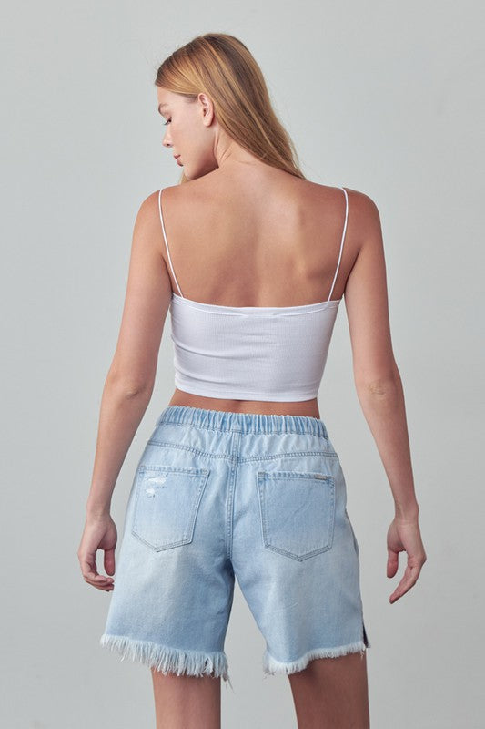 Riviera High Rise Cotton Drawstring Denim Shorts in LIGHT - denim, pockets - view 7