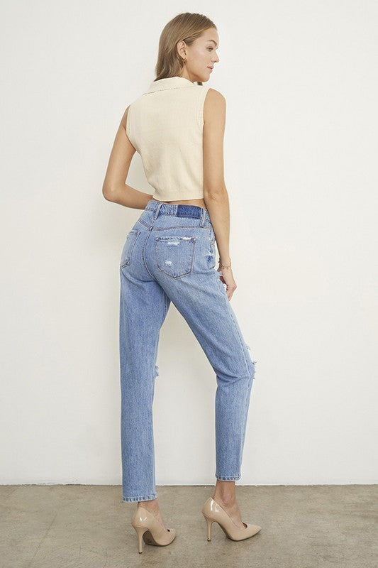 Riviera High Rise Distressed Girlfriend Jeans in MEDIUM - oversized, cropped - view 5