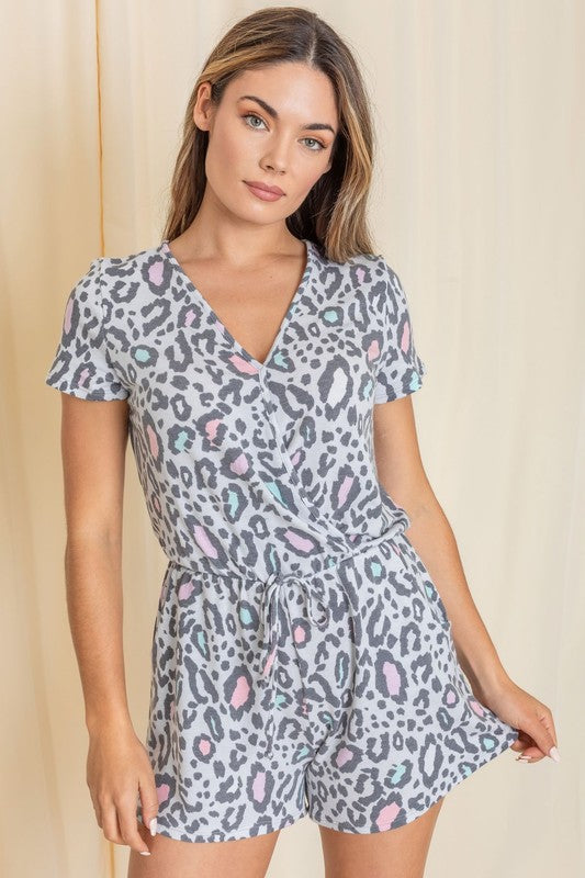 Riviera Leopard Print V-Neck Romper in grey pink - v neck, relaxed fit - front view