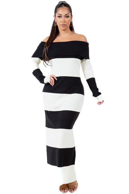 Riviera Off-Shoulder Striped Knit Maxi Dress in BLACK WHITE - off shoulder, maxi - front view