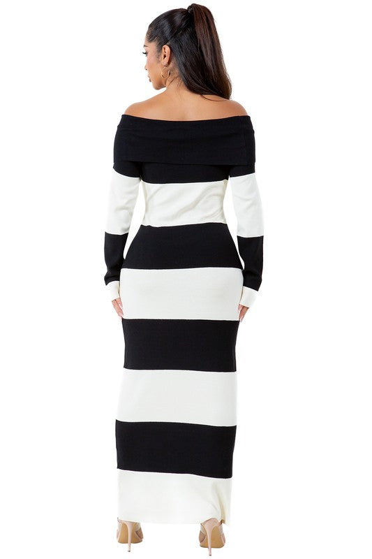 Riviera Off-Shoulder Striped Knit Maxi Dress in BLACK WHITE - off shoulder, maxi - view 13