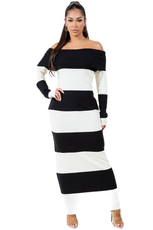 Riviera Off-Shoulder Striped Knit Maxi Dress in BLACK WHITE - off shoulder, maxi - view 26