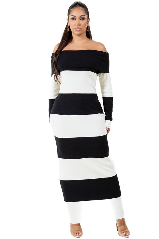 Riviera Off-Shoulder Striped Knit Maxi Dress in BLACK WHITE - off shoulder, maxi - view 31