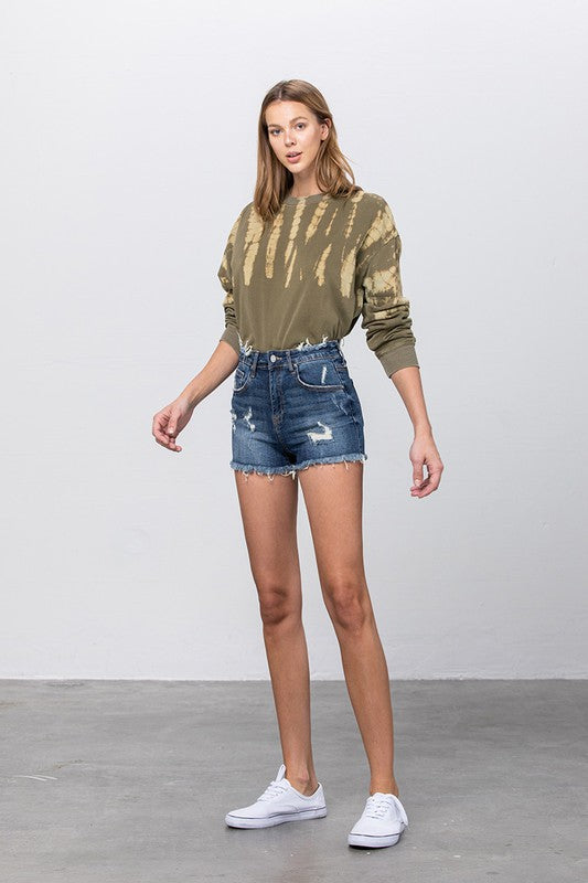 Riviera Premium Mid-Rise Distressed Denim Shorts in DARK - oversized, lace - detail view