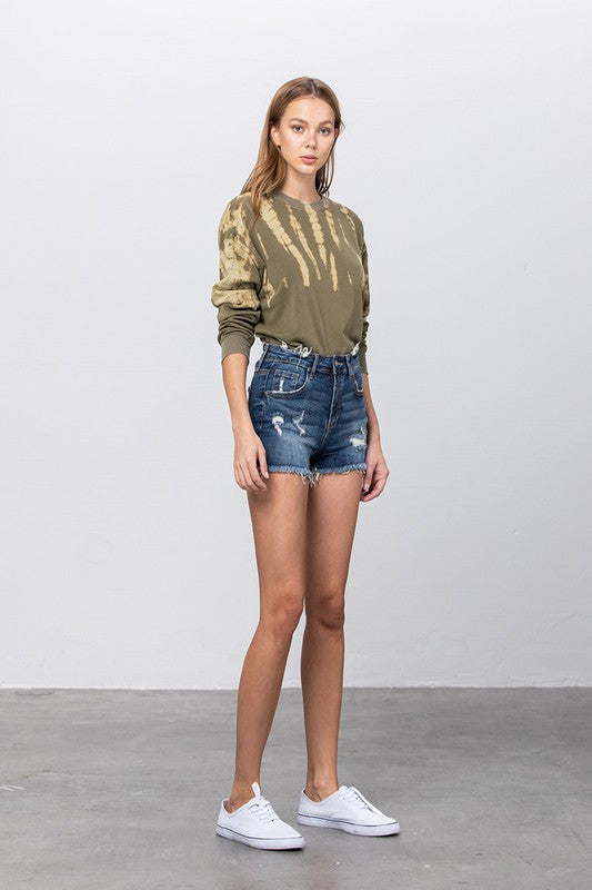 Riviera Premium Mid-Rise Distressed Denim Shorts in DARK - oversized, lace - view 5