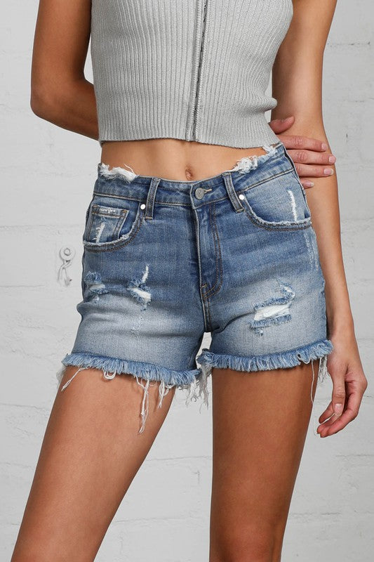 Riviera Premium Mid-Rise Distressed Denim Shorts in LIGHT - oversized, cropped - front view