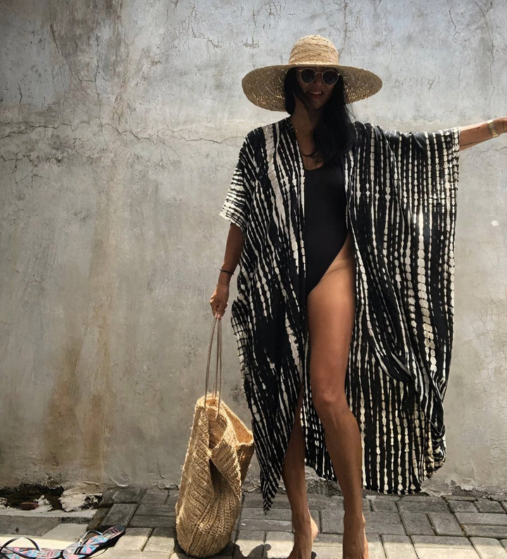 Riviera Printed Kimono Cover-Up With Waist Belt in BlackandWhite - slim fit, oversized - front view