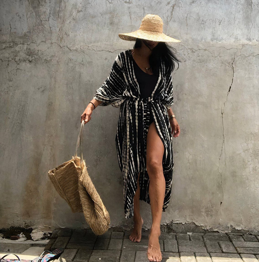 Riviera Printed Kimono Cover-Up With Waist Belt in BlackandWhite - slim fit, oversized - alternate view