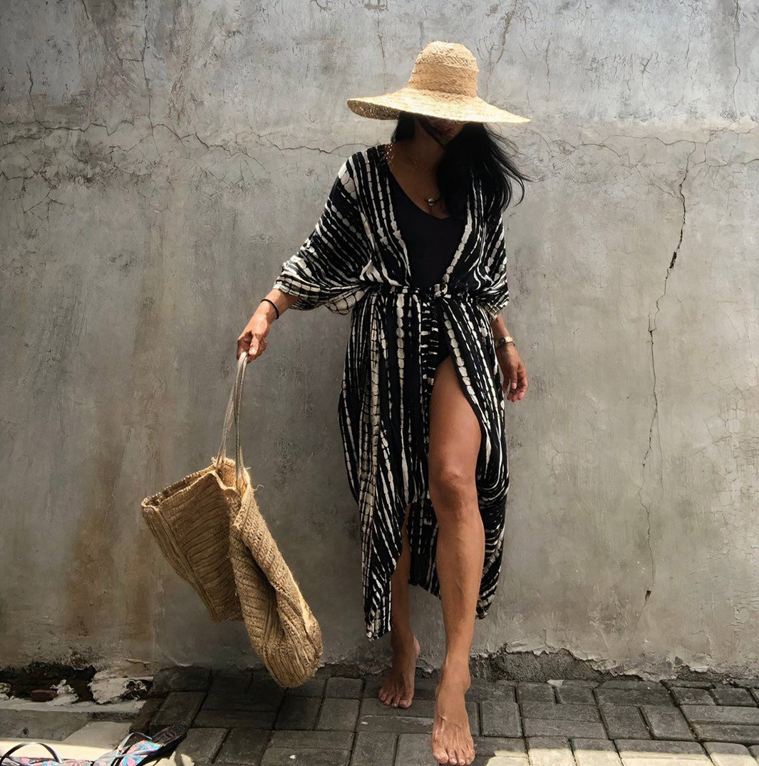 Riviera Printed Kimono Cover-Up With Waist Belt in BlackandWhite - slim fit, oversized - alternate view