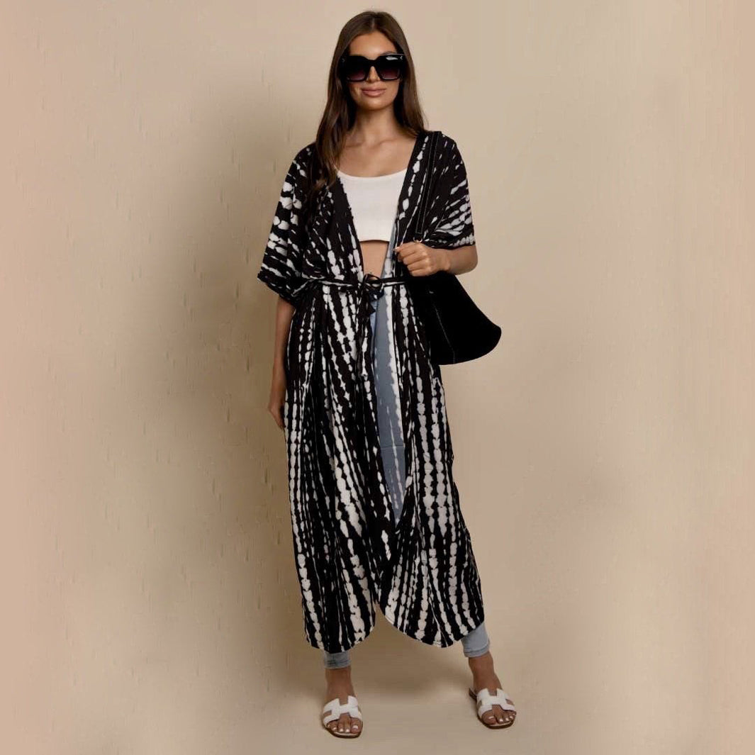 Riviera Printed Kimono Cover-Up With Waist Belt in BlackandWhite - slim fit, oversized - view 5