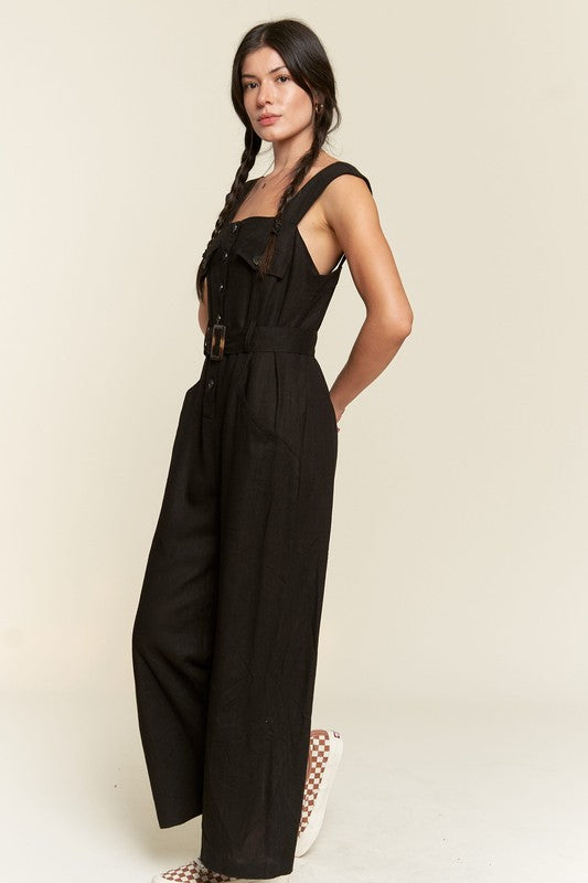 Riviera Square Neck Button-Down Jumpsuit - button front, wide leg - view 11