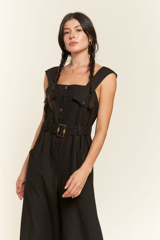 Riviera Square Neck Button-Down Jumpsuit - button front, wide leg - view 12