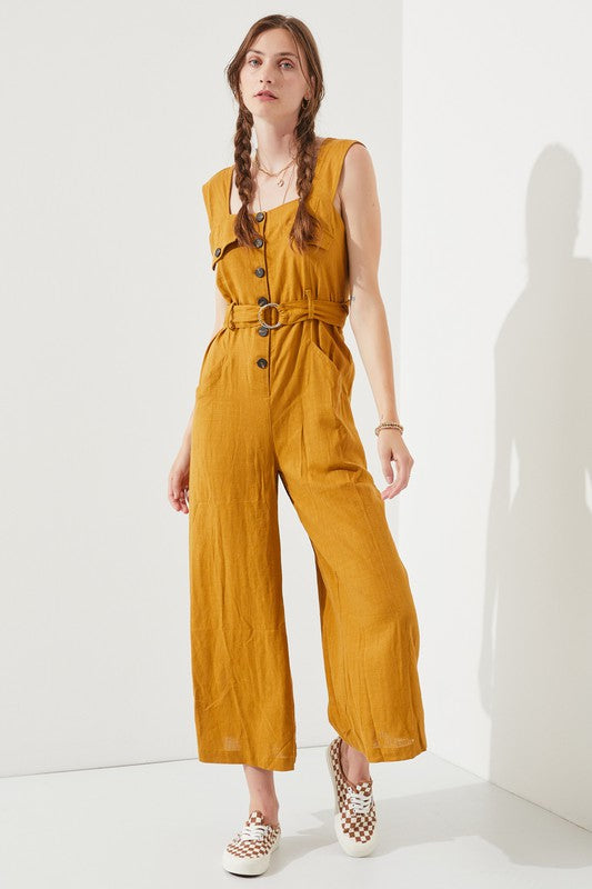 Riviera Square Neck Button-Down Jumpsuit - button front, wide leg - detail view