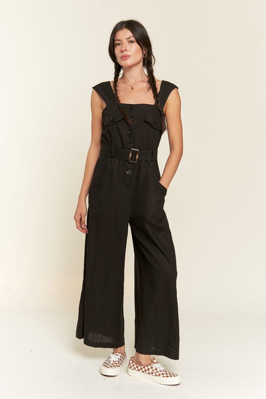 Riviera Square Neck Button-Down Jumpsuit in BLACK - button front, wide leg - view 10